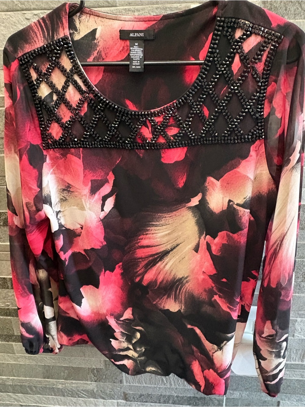 Alfani Long-Sleeve Floral Blouse with Beaded Yoke - Pink & Black